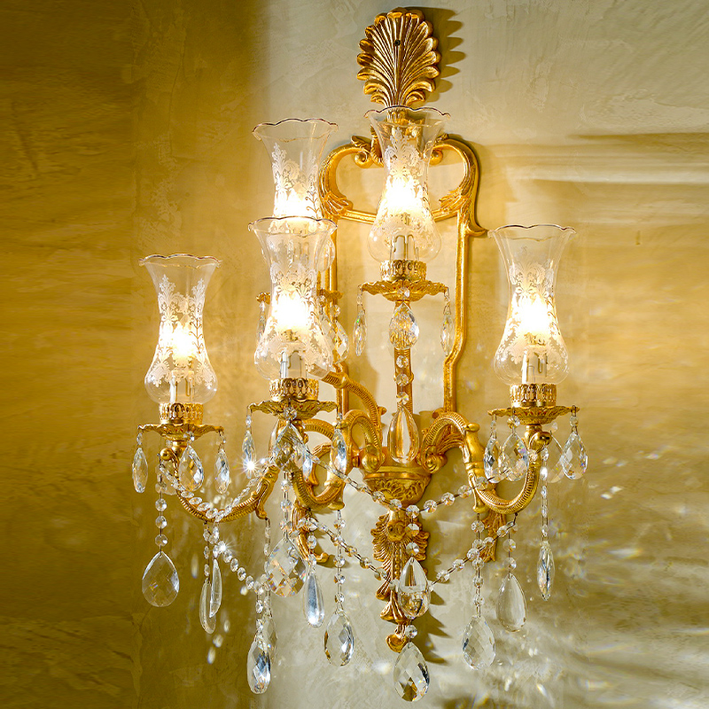 Elegant design decor bracket light for villa hotel project led lighting with glass lampshades bronze luxury crystal wall lamp