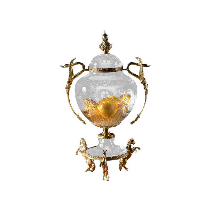 Hotel Villa Party Home Decor Beautiful Copper Carving Horse Stand Base K9 Crystal Dry Fruit Sugar Candy Jar with Lids