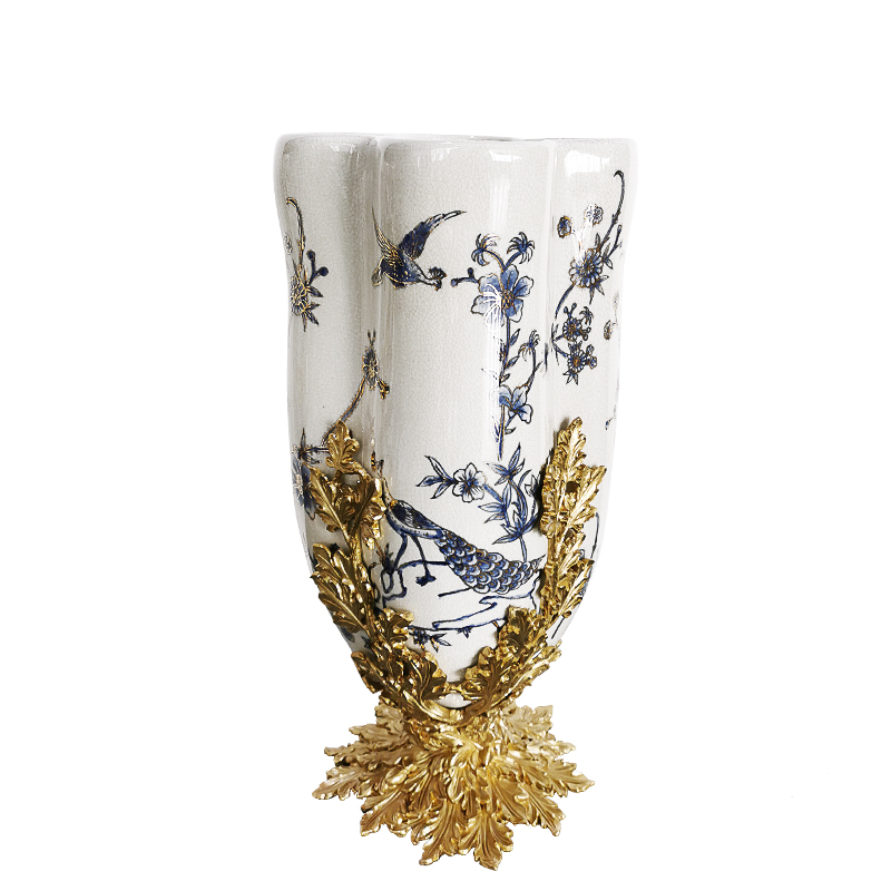 Hotel project birds decor handmade crackled China porcelain accessories with brass decorative jardiniere wedding ceramic vases