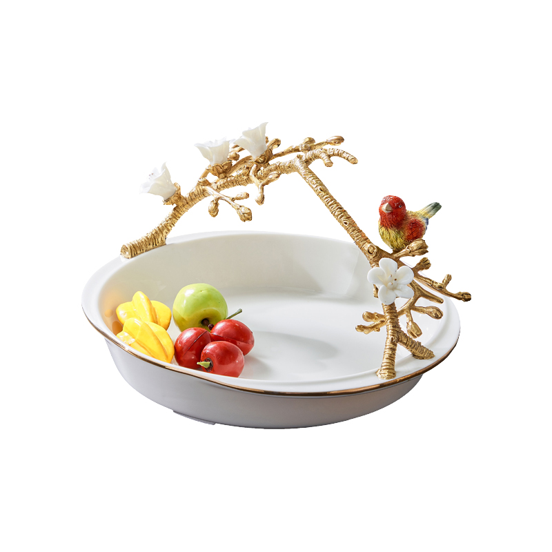 New European fruits plate ceramic candy plate for hotel villa home decor ornament fruit plate with bird gold rim