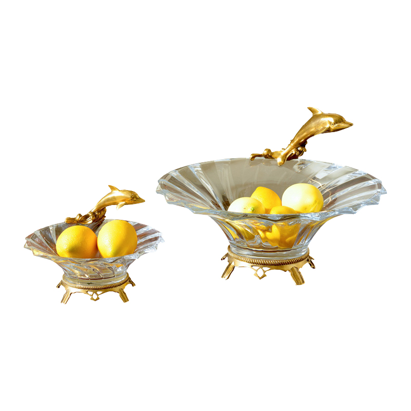 Wholesale European luxury candy bowl brass fish decorative K9 crystal fruit plate
