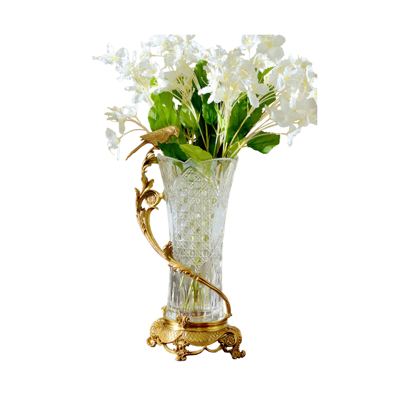 Luxury creative accessories crystal vase with pure copper bird living room porch model room flower arrangement