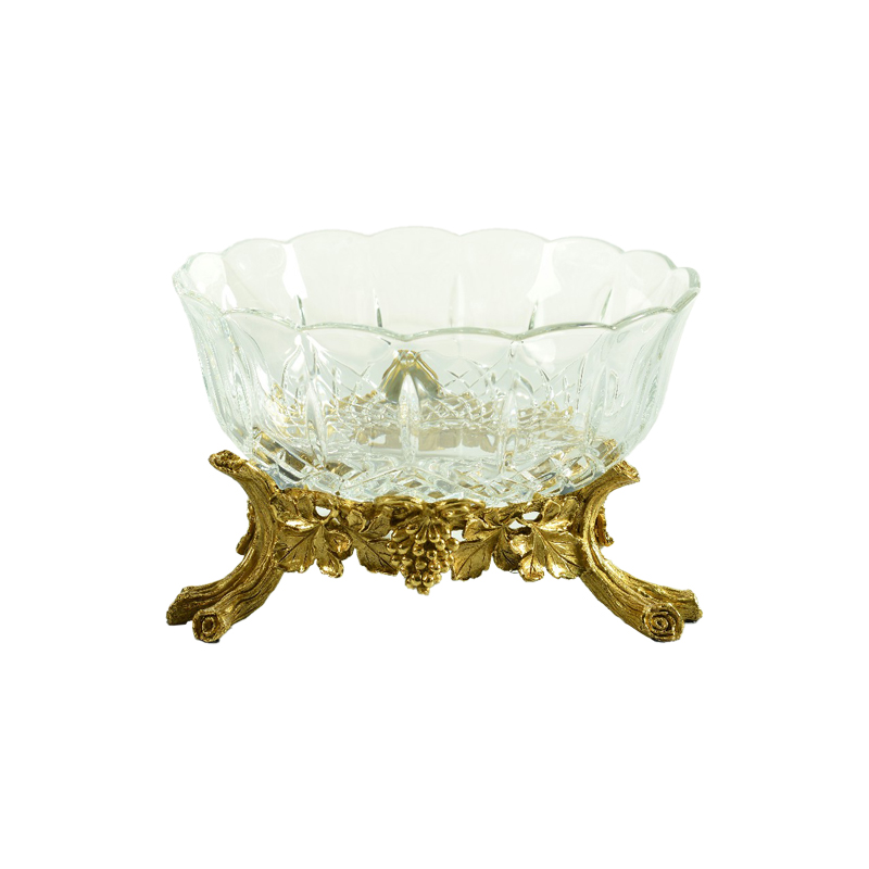 High quality exquisite home decoration brass carved grape bottom basket food crystal glass fruit tray