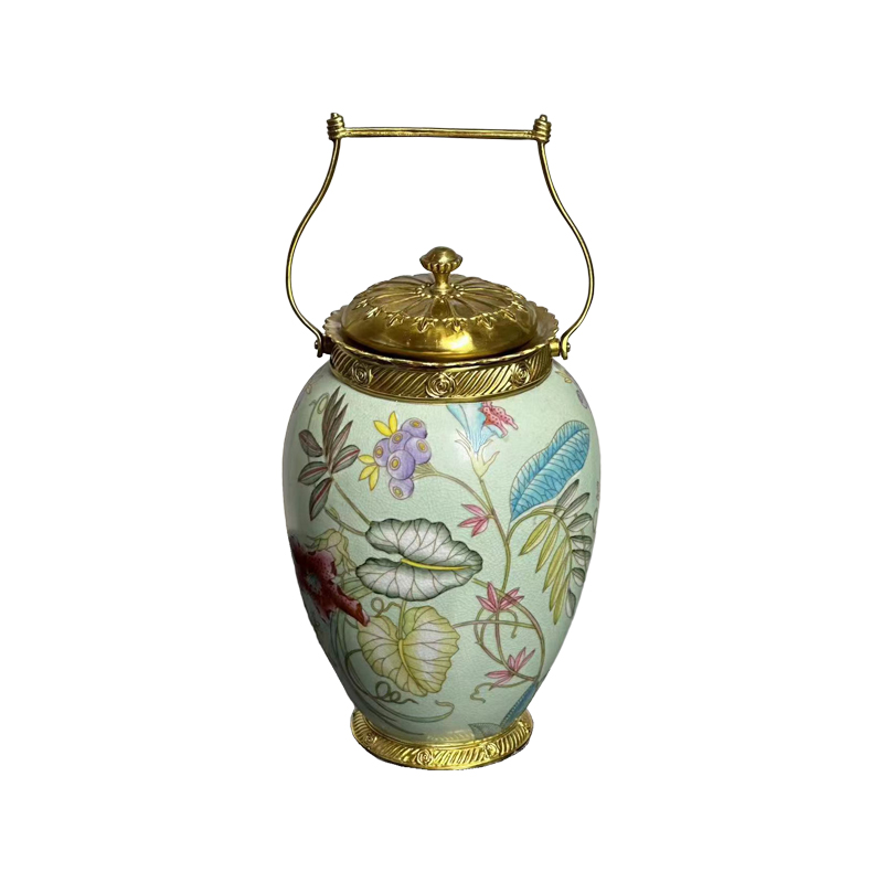 Ceramic Accessories Storage jar Bronze Porcelain ornamental bottle Antique luxury retro brass Yellow flowers and birds