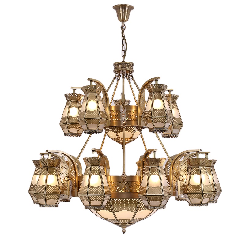 Large hotel villa decoration project Accented morocco design Ornate brass high ceiling chandelier pendant lamp