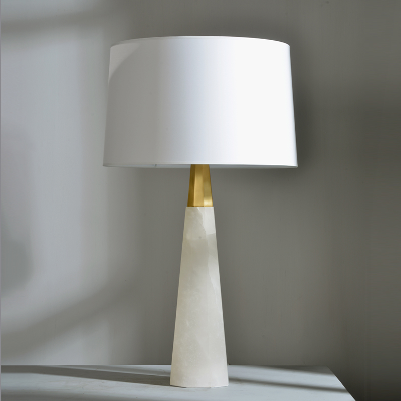 Chinese Factory Concise Cone Design White Jade Body with Metal Accessory and Fabric Lampshade Table Lamp Marble Led Desk Light