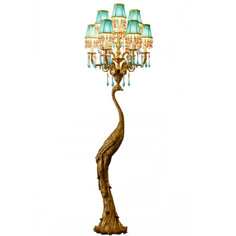 Castle or empire style brass led animal floor light with green lampshade and amazing design luxury vintage peacock lamp standing