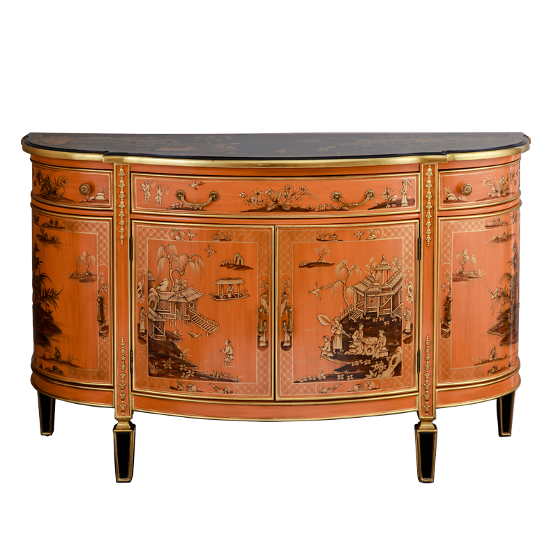 Antique Three-Drawers and Four-Doors Cabinet with Orange Wooden Side Cupboard with Birch Exquisite Chest for Living Room