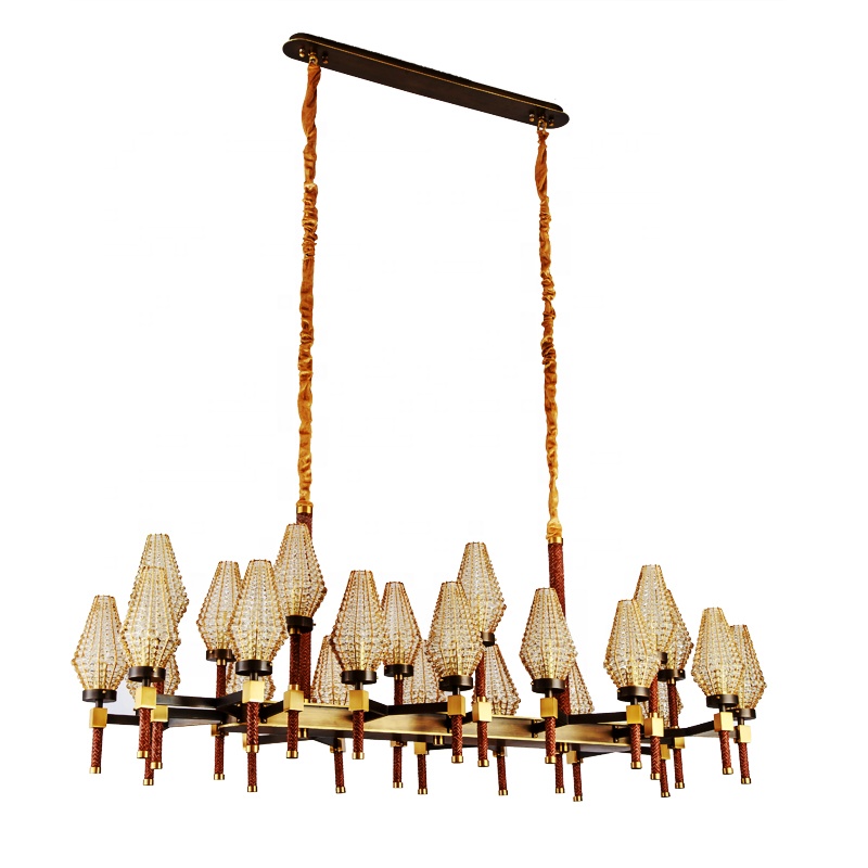 Handmade big and long pendant crystal light leather chandelier with unique design retro style 24 bulbs led chandelier