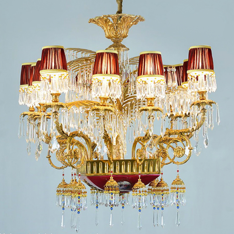 customized exquisite french red lamp shade  bronze chandelier pendant lights and antique copper lighting lamp bowl