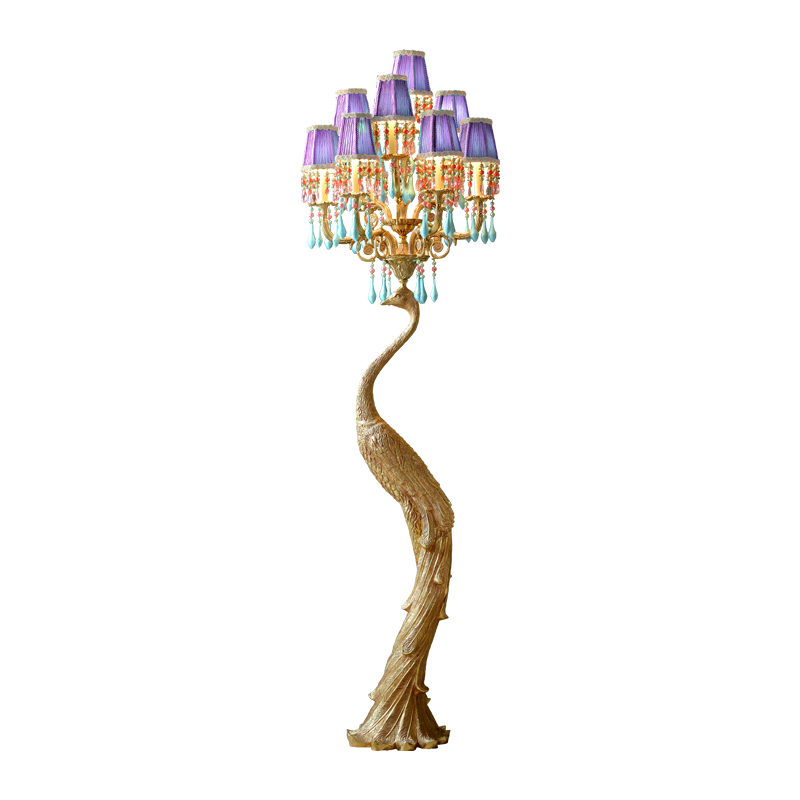 Brass and Crystal Tall Decorative Peacock Standing Bedside with Green Fabric Lampshade  European French Style Luxury Floor Lamps