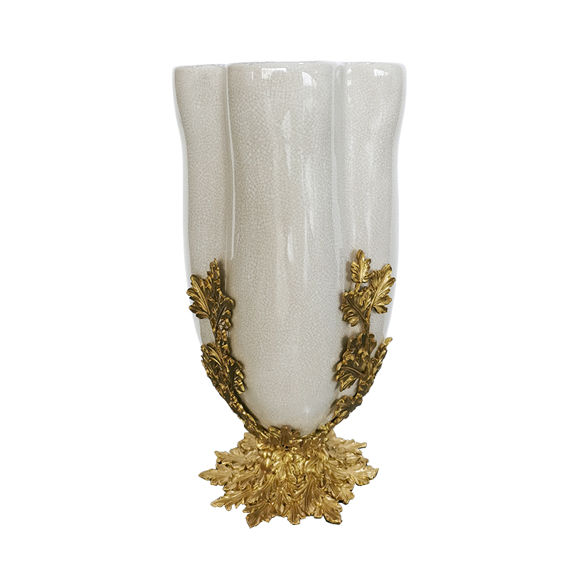 Project goods for living room crackled China ceramic vase with brass jardiniere decoration wedding porcelain home accessories