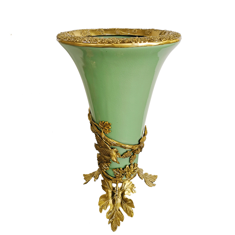 China jardiniere for projects handmade crackled porcelain green home accessories with brass fittings decorative porcelain vase