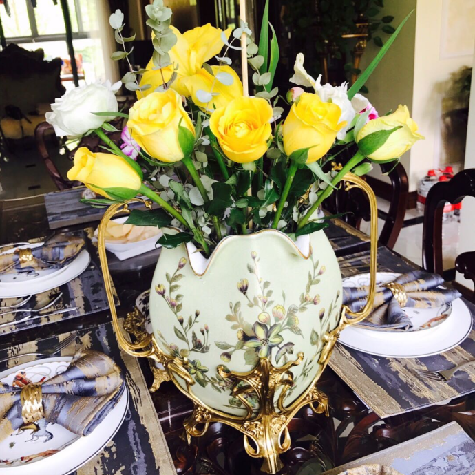 luxury decoration home decor green paint rose  flower porcelain vase  decorative jardiniere