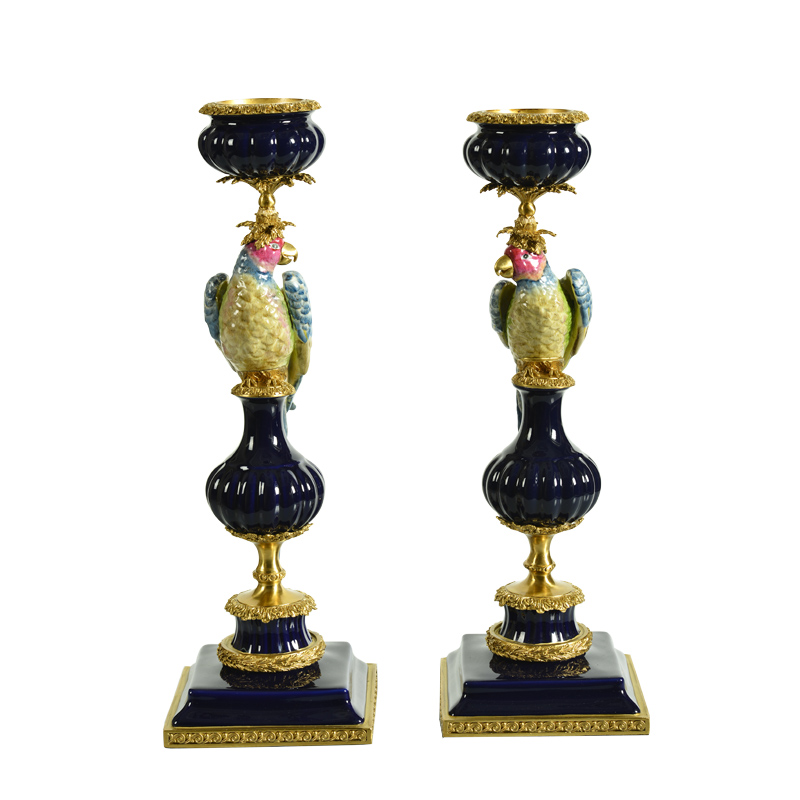 Elegant Porcelain Candelabrum European Luxury Candleholder Decor Copper and Blue & Green Ceramic Cockatoo Vintage CandleStick