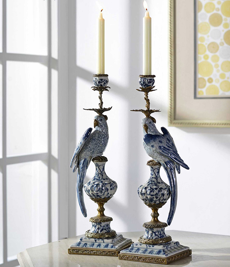 2024 retro designs brass porcelain candle holder sets of 2 with birds decorations for wedding party home office table