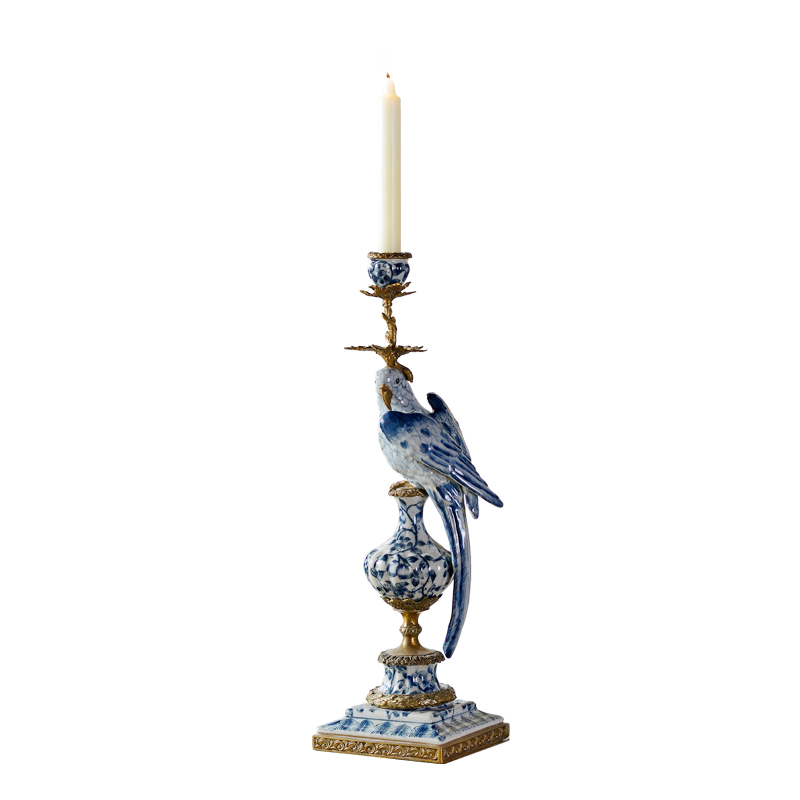 Home Decor Custom Design Oriental Asian Antique Bronze Ormolu Blue White Parrot Birds Porcelain Candle Holders