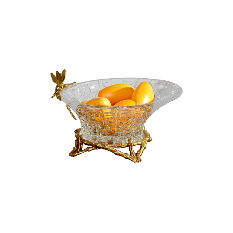 Factory wholesale European luxury clear glass salad bowls candy plate brass dragonfly decorative bamboo base fruit bowl