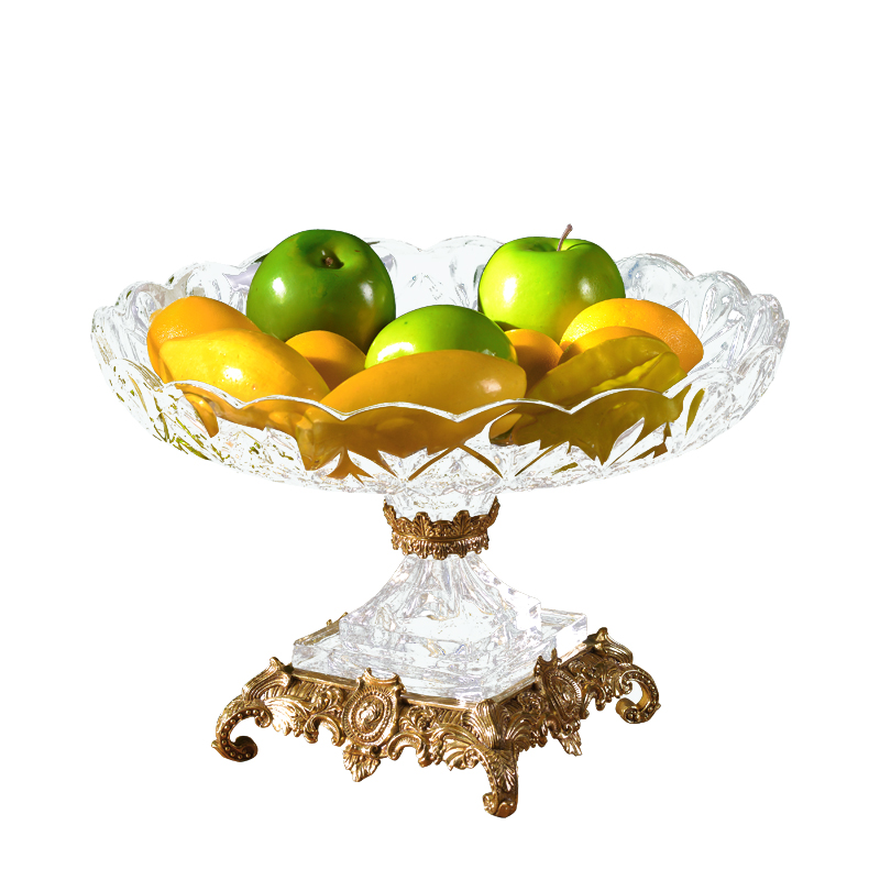 Royal home decor bronze carved indoor festival gifts clear crystal plate with brass part as stand wedding luxury fruit bowl