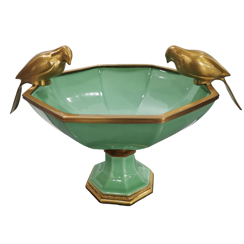Home ornament for living room carved r bronze indoor green porcelain decoration with tall stand ceramic antique fruit bowl
