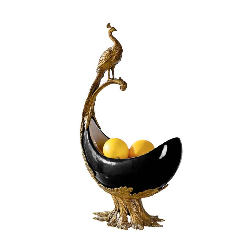 Ceramic candy container for living room carved bronze indoor home decoration with brass fittings black porcelain fruit bowl