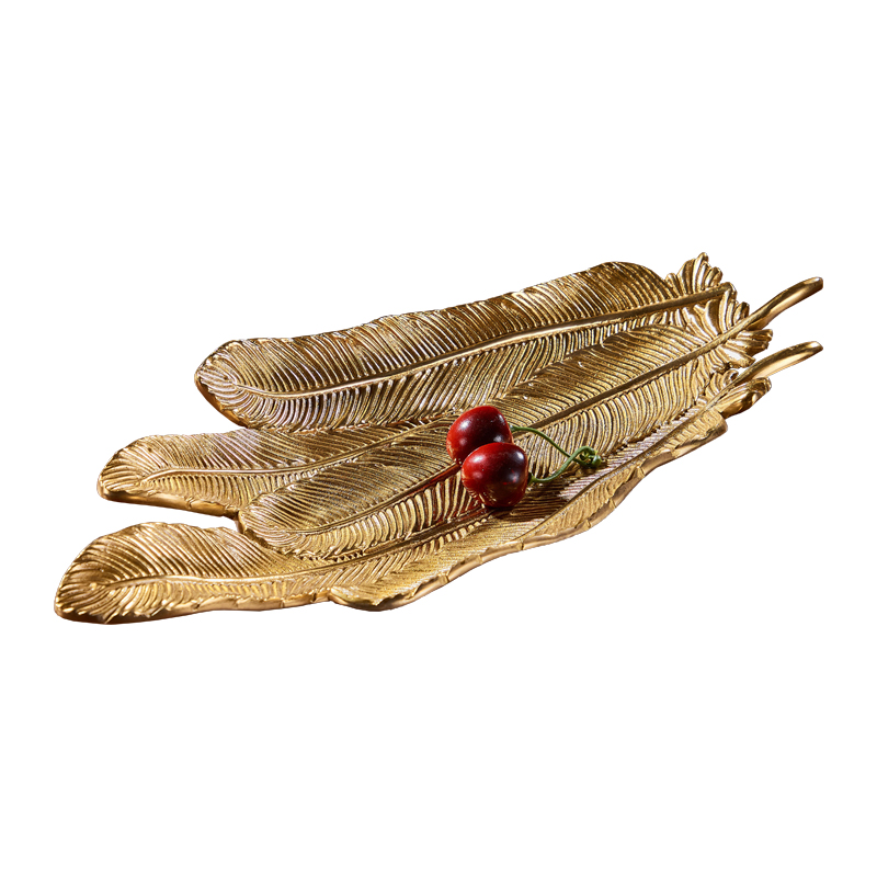 Wholesale European Style Creative Feather Shape Design Candy Bowl Luxury Brass Fruit Plate