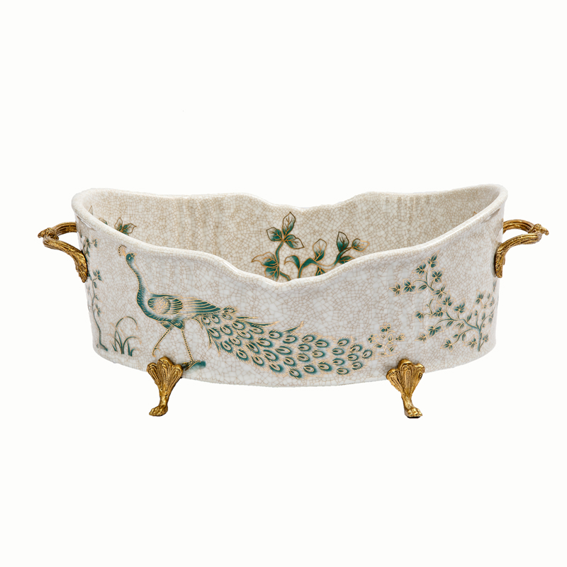 mini luxury home decor table accessories ceramic fruit plate and copper stand Chinese desk porcelain dish