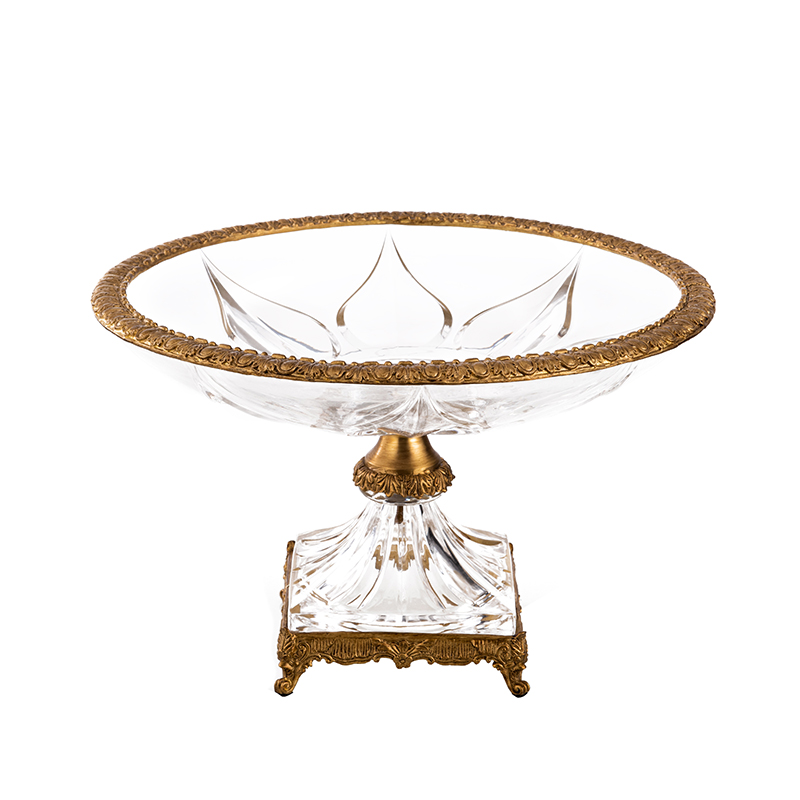 2024 new designs luxury fashion brass crystal home hotel table decoration accessories  large round fruit plate