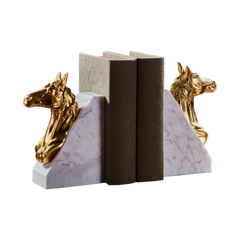 New Design Light Luxury Home Decor Brass Metal Book End Decorative Marble Bookends