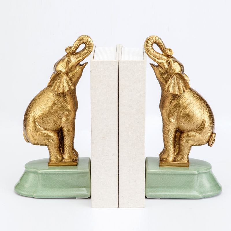 China Manufacturer Green Ceramic Base and Golden Brass Elephant Antique Book Stand Home Decorations Vintage Animal Bookends