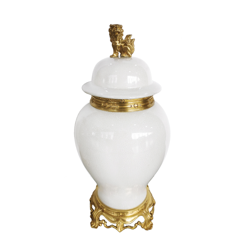 Unique craft white ceramics jars with dewax brass by hand-made small size China pot for living room home decorative general jar