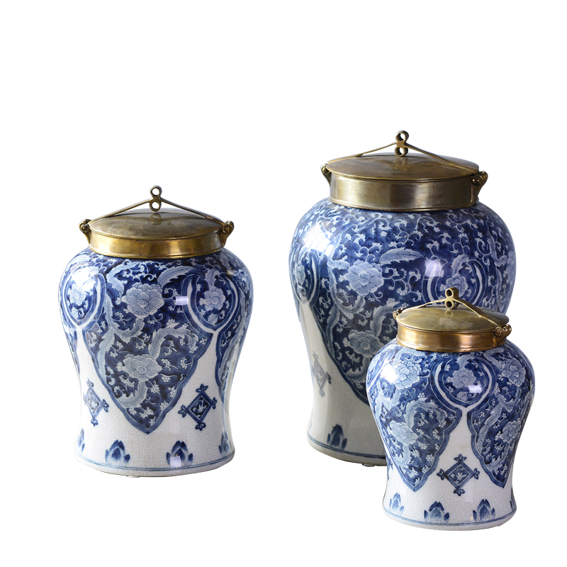 Luxury Antique Creative Home ornaments decor hand made brass carved  blue and white ceramic jar and candy box