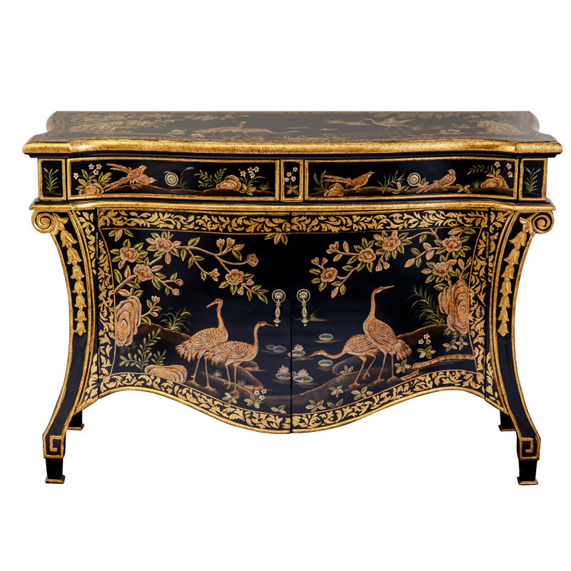 European Classical Bedroom Bedside Cabinet Two-Drawers & Double-Door Bedstand Wooden Furniture of Flowers and Birds Night Table