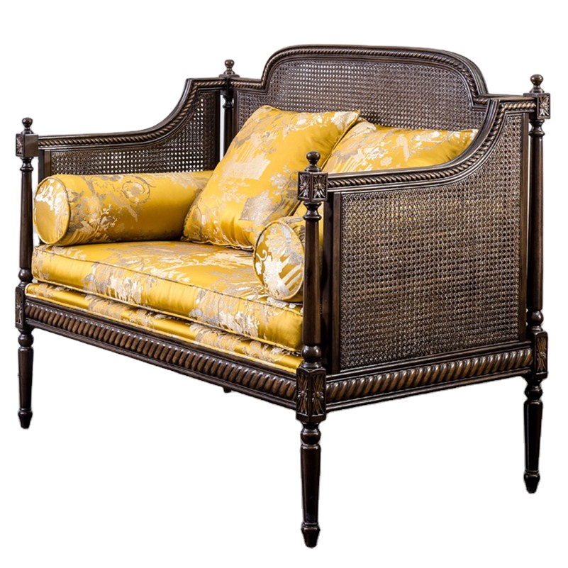 luxury antique Tropical Southeast Asia yellow Pillow and brown wood Rattan sofa chair Vent hole for home and rooms furniture